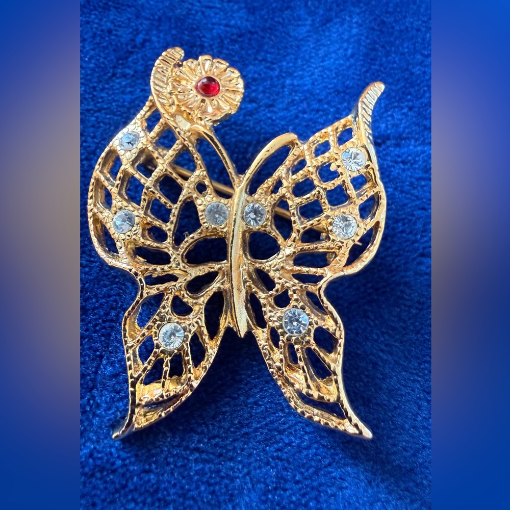 Gold Filagree Butterfly Crystal Brooch - Women's Jewelry